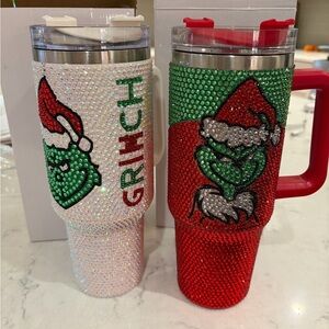 2 Rhinestone Embellished Grinch 40 Oz. Tumblers Festive Christmas
